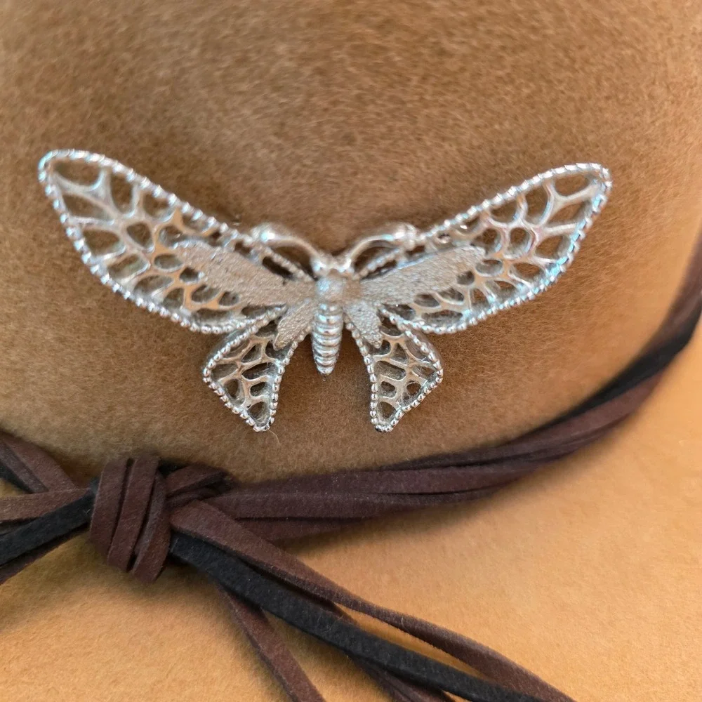 100% Wool Tan Wide Brim Floppy Hat Silver Butterfly Pin Braided Band Boho Whimsy